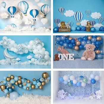Avezano Blue Balon Zvezde Fotografija Ozadje Novorojenega Dečka 1. Rojstni dan Portret Torta Dekor Razbiti Ozadje Photo Studio Rešitve
