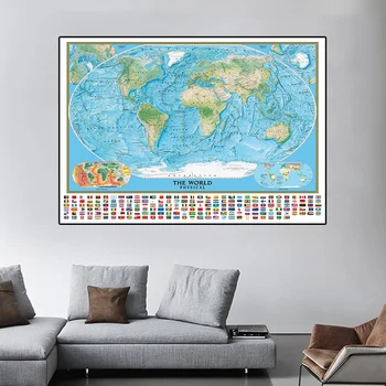 225*150 cm Zemljevid Sveta z Nacionalnimi Zastavami s Svetovno Podnebje in Tectonics Non-woven Platno Stensko Slikarstvo Plakat Doma Dekor