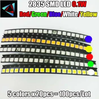 100 kozarcev 2835 za 0,1 W SMD LED 5 barv x 20pcs Diode SMD LED 2835 svetlečih Diod RDEČA / Rumena / Zelena / Bela / Modra