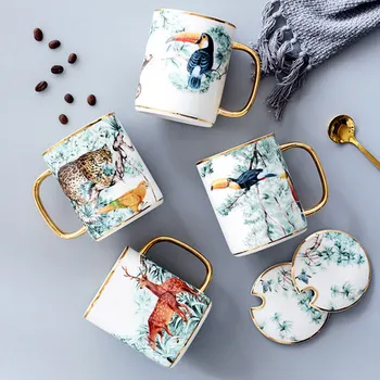 Caneca de cerâmica criativa com tampa, caneca em cerâmica estilo nórdico, par chá, leite, café, suco, com colher